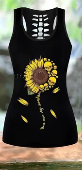 Harajuku Fashion Sunflower Skull Colorful Women Hipster Hollow Tanktop & Legging 3D Print Leisure Female Seksi Vest Clothes S313