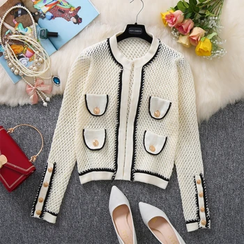 Novi dolazak žene proljeće moda выдалбливают pleter kardigan džemper Zlatna gumb luksuzna вязаная odjeća kaputi jakne top